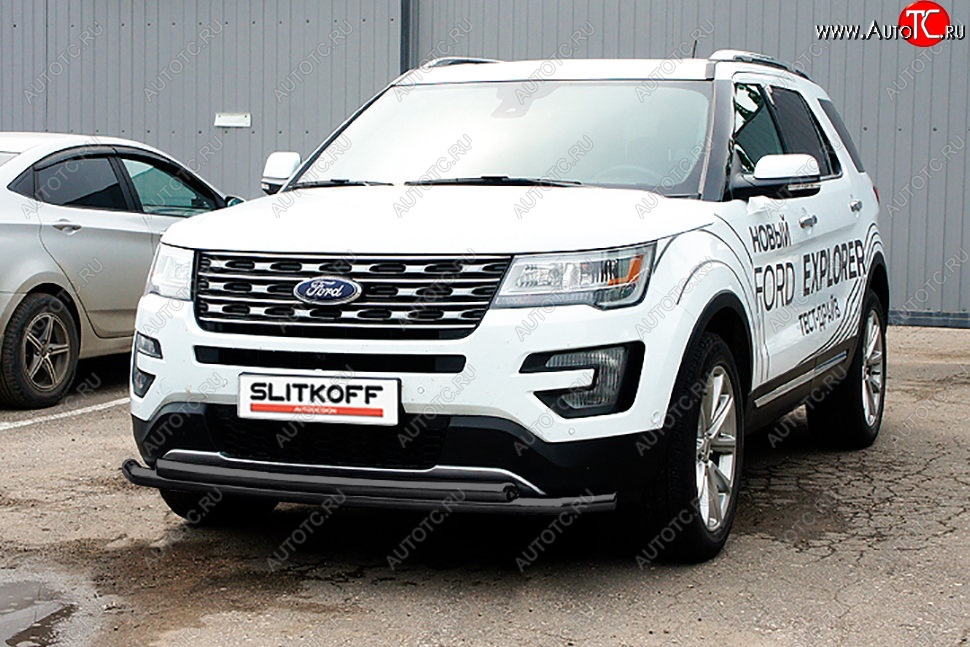 11 849 р. Защита переднего бампера Slitkoff (двойная, d57/57 мм) Ford Explorer U502 2-ой рестайлинг, 5 дв. (2017-2019) (Сталь с полимерным покрытием. Цвет: чёрный)  с доставкой в г. Керчь