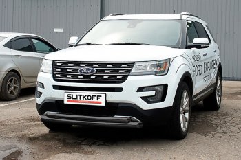 Защита переднего бампера Slitkoff (двойная, d76/57 мм) Ford Explorer  U502 (2017-2019) 2-ой рестайлинг, 5 дв. (Сталь с полимерным покрытием. Цвет: чёрный)