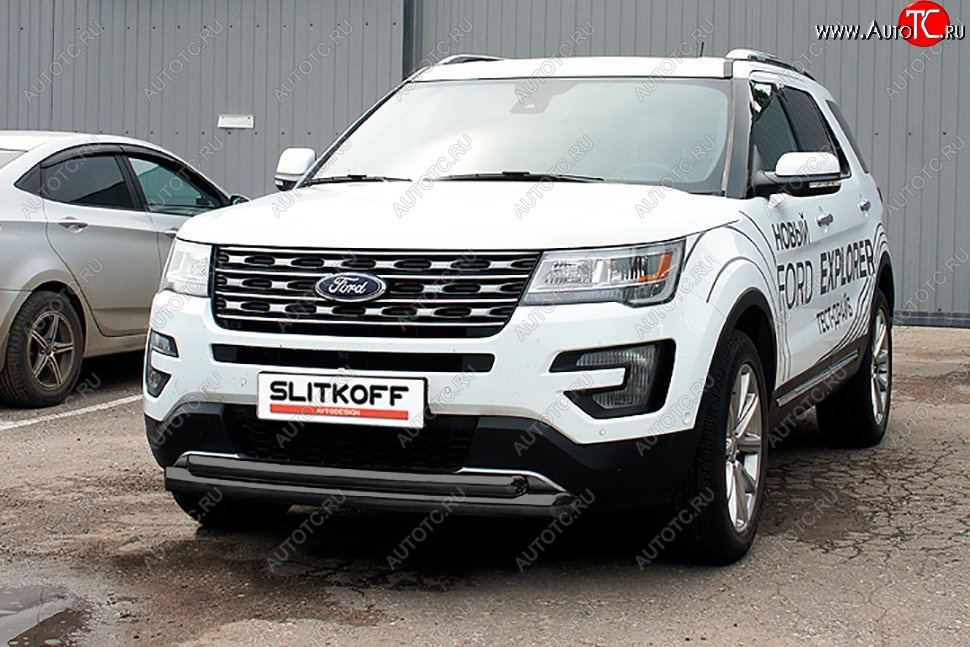 13 599 р. Защита переднего бампера Slitkoff (двойная, d76/57 мм) Ford Explorer U502 2-ой рестайлинг, 5 дв. (2017-2019) (Сталь с полимерным покрытием. Цвет: чёрный)  с доставкой в г. Керчь