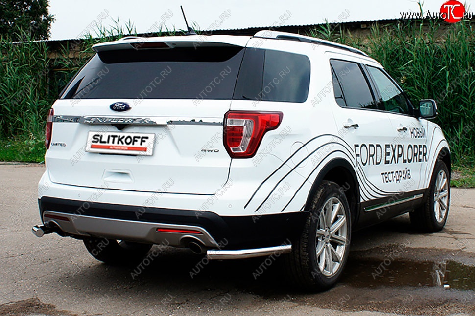 10 999 р. Защита заднего бампера Slitkoff (d57 мм, уголки)  Ford Explorer  U502 (2017-2019) 2-ой рестайлинг, 5 дв. (Нержавейка, Полированная)  с доставкой в г. Керчь