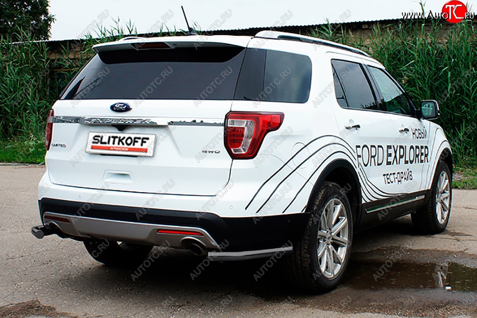 7 749 р. Защита заднего бампера Slitkoff (d57 мм, уголки) Ford Explorer U502 2-ой рестайлинг, 5 дв. (2017-2019) (Сталь с полимерным покрытием. Цвет: чёрный)  с доставкой в г. Керчь