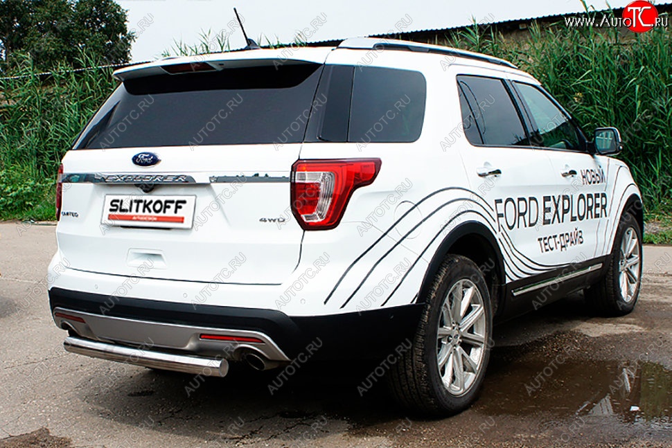 12 699 р. Защита заднего бампера Slitkoff (d76 мм)  Ford Explorer  U502 (2017-2019) 2-ой рестайлинг, 5 дв. (Нержавейка, Полированная)  с доставкой в г. Керчь
