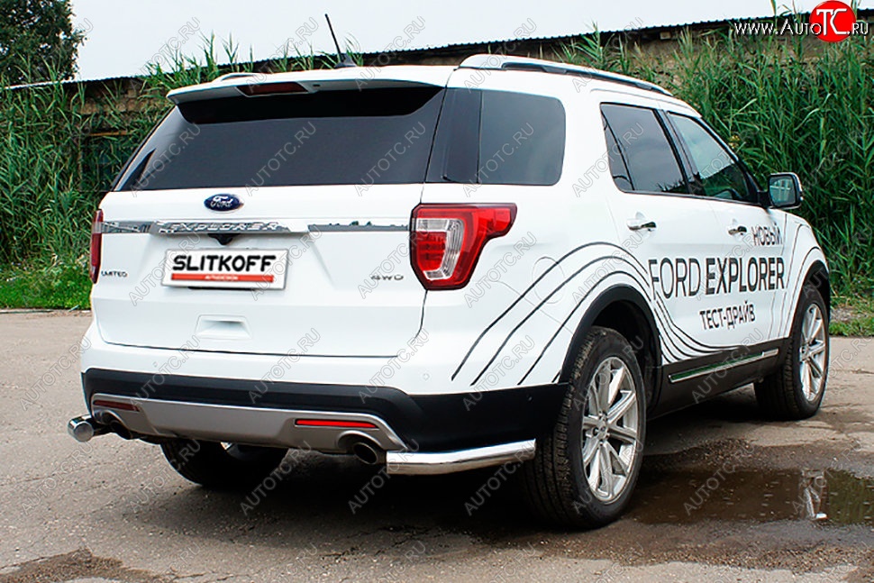 12 699 р. Защита заднего бампера Slitkoff (d76 мм, уголки)  Ford Explorer  U502 (2017-2019) 2-ой рестайлинг, 5 дв. (Нержавейка, Полированная)  с доставкой в г. Керчь