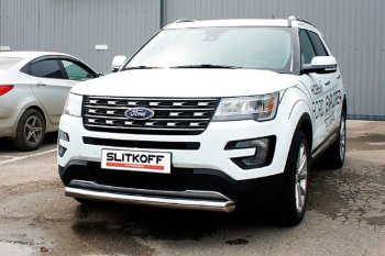 Защита переднего бампера Slitkoff (Ø 76 мм) Ford Explorer  U502 (2017-2019) 2-ой рестайлинг, 5 дв. (Цвет: серебристый)