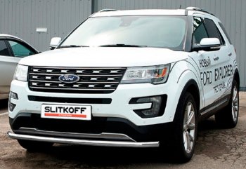 Защита переднего бампера Slitkoff (Ø 57 мм). Ford Explorer  U502 (2017-2019) 2-ой рестайлинг, 5 дв. (Сталь с полимерным покрытием. Цвет: серебристый)