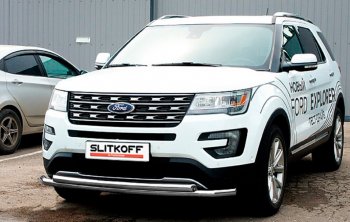 Защита переднего бампера Slitkoff (Ø 57+Ø 57, двойная). Ford Explorer  U502 (2017-2019) 2-ой рестайлинг, 5 дв. (Сталь с полимерным покрытием. Цвет: серебристый)