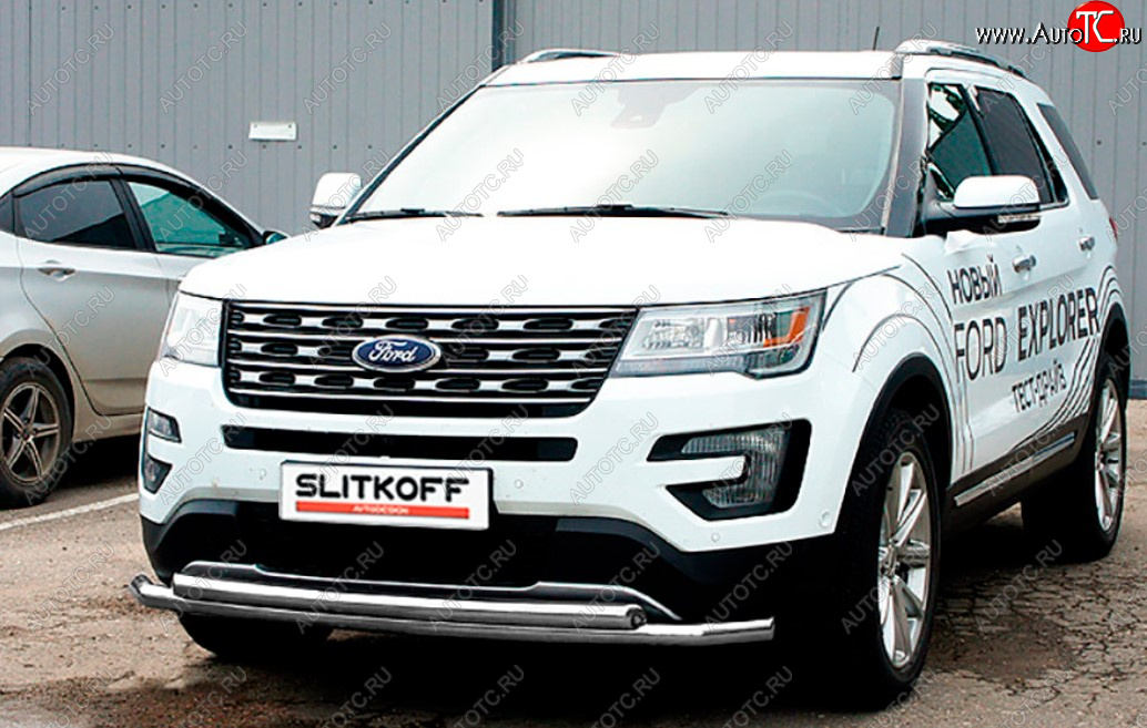 11 849 р. Защита переднего бампера Slitkoff (Ø 57+Ø 57, двойная).  Ford Explorer  U502 (2017-2019) 2-ой рестайлинг, 5 дв. (Сталь с полимерным покрытием. Цвет: серебристый)  с доставкой в г. Керчь