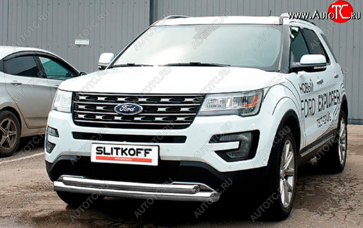 13 599 р. Защита переднего бампера Slitkoff (Ø 76+Ø 57, двойная).  Ford Explorer  U502 (2017-2019) 2-ой рестайлинг, 5 дв. (Сталь с полимерным покрытием. Цвет: серебристый)  с доставкой в г. Керчь