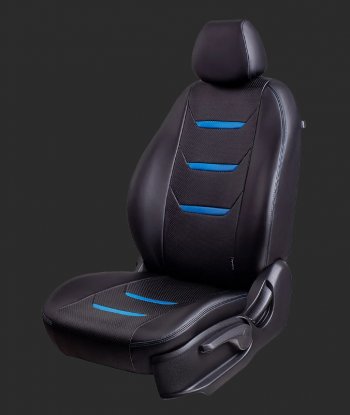 Чехлы для сидений Lord Autofashion Турин 2 (экокожа, Trend, спинка и сиденье 60/40 без подлокотника, 3 Г-образных подголовника) Ford Focus  3 (2010-2019) универсал дорестайлинг, хэтчбэк дорестайлинг, седан дорестайлинг, седан рестайлинг, универсал рестайлинг, хэтчбэк рестайлинг (Черный, вставка черный и синий, строчка синяя)