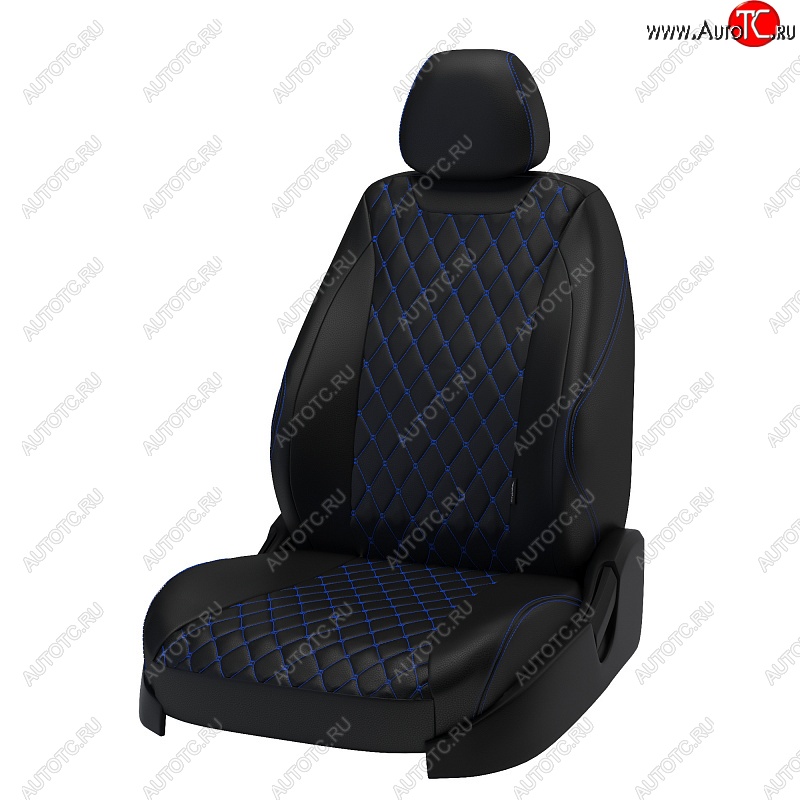 19 649 р. Чехлы для сидений (Titanium) Lord Autofashion Байрон (экокожа)  Ford Focus  3 (2010-2019) универсал дорестайлинг, хэтчбэк дорестайлинг, седан дорестайлинг, седан рестайлинг, универсал рестайлинг, хэтчбэк рестайлинг (Чёрный, вставка чёрная, строчка синяя)  с доставкой в г. Керчь