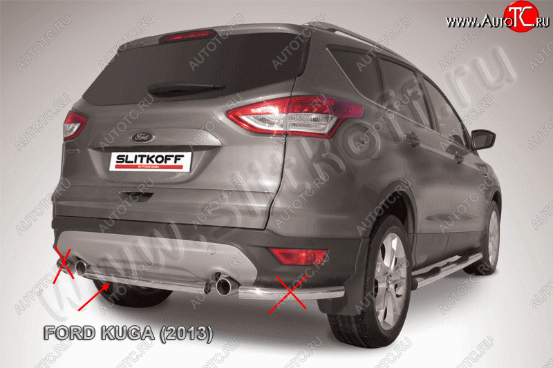 6 499 р. Защита заднего бампера Slitkoff (57 mm, короткая Ford Kuga 2 дорестайлинг (2013-2016) (Нержавейка, Полированная)  с доставкой в г. Керчь