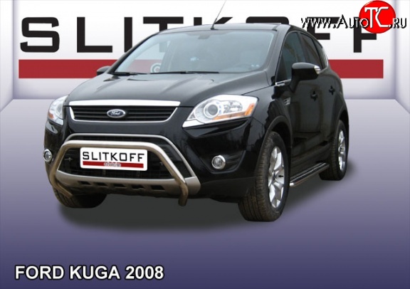 22 649 р. Усиленная низкая защита переднего бампера Slitkoff Ford Kuga 1 (2008-2013) (Нержавейка, Полированная)  с доставкой в г. Керчь