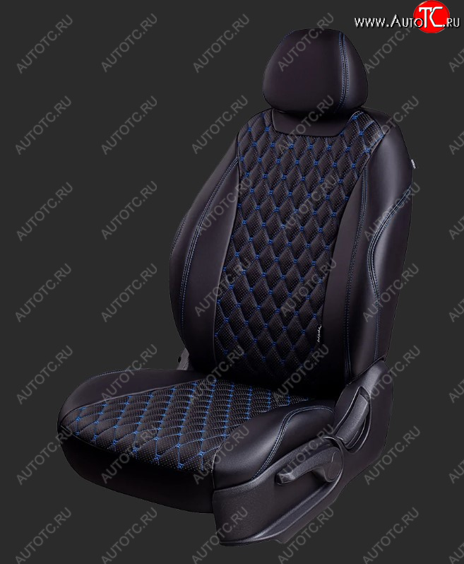 16 749 р. Чехлы для сидений Lord Autofashion Байрон (экокожа, спинка и сиденье 60/40+подлокотник, 3 Г-образных подголовника)  Ford Mondeo (2007-2014) Mk4,BD дорестайлинг, седан, Mk4,DG дорестайлинг, универсал, Mk4,BD рестайлинг, седан, Mk4,DG рестайлинг, универсал (Черный, вставка черная, строчка синяя)  с доставкой в г. Керчь