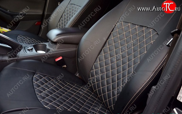 9 449 р. Чехлы для сидений Lord Autofashion Турин Ромб (экокожа, сиденье и спинка 60/40+подлокотник, 3 Г-образных подголовника) Ford Mondeo Mk4,BD дорестайлинг, седан (2007-2010) (Чёрный, вставка чёрная, строчка бежевая)  с доставкой в г. Керчь