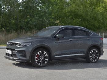 13 999 р. Защита переднего бампера (Ø57/Ø42) SLITKOFF Geely Tugella FY11,HPBA4 дорестайлинг (2019-2023) (нержавейка с полимерным покрытием, черный)  с доставкой в г. Керчь. Увеличить фотографию 2