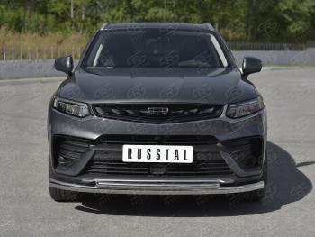 18 449 р. Защита переднего бампера (Ø57/Ø42 мм) SLITKOFF  Geely Tugella  FY11,HPBA4 (2019-2025) дорестайлинг, рестайлинг (нержавейка полированная)  с доставкой в г. Керчь. Увеличить фотографию 2