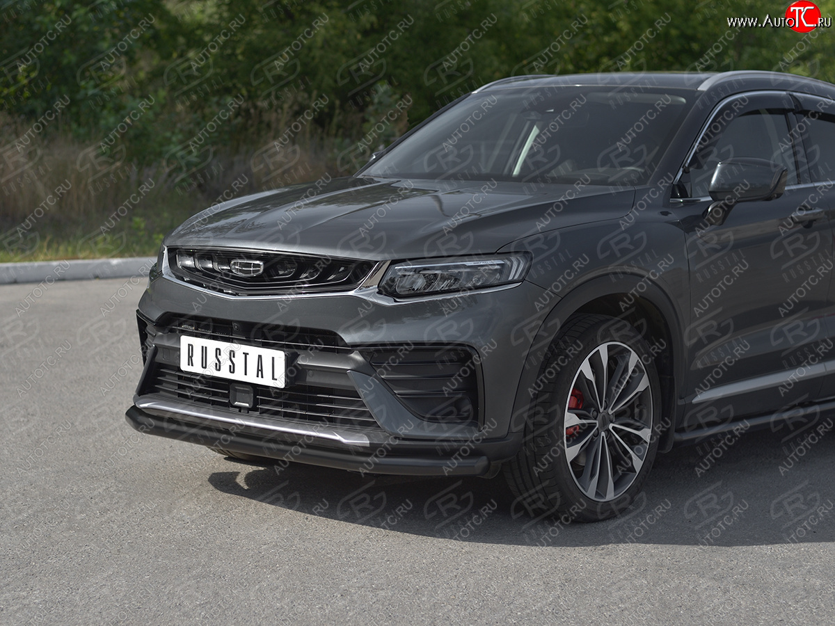 9 399 р. Защита переднего бампера (Ø57 мм) SLITKOFF Geely Tugella FY11,HPBA4 дорестайлинг (2019-2023) (нержавейка с полимерным покрытием, черный)  с доставкой в г. Керчь