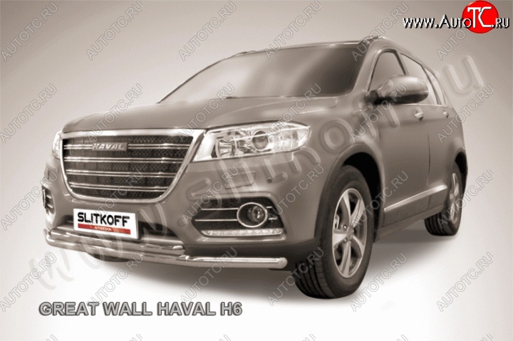 12 999 р. Двойная защита переднего бампера из труб диаметром 57 и 42 мм Slitkoff  Haval H6 (2013-2020) (Нержавейка, Полированная)  с доставкой в г. Керчь