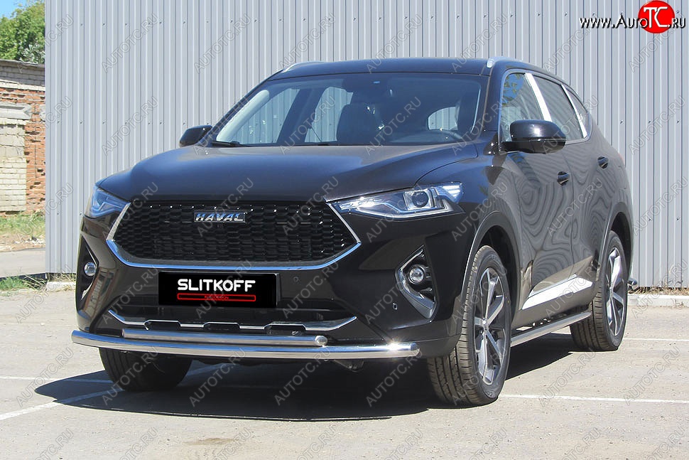 13 899 р. Защита переднего бампера (2 трубы Ø57 и 42 мм, нержавейка) Slitkoff Haval F7x дорестайлинг (2019-2022)  с доставкой в г. Керчь