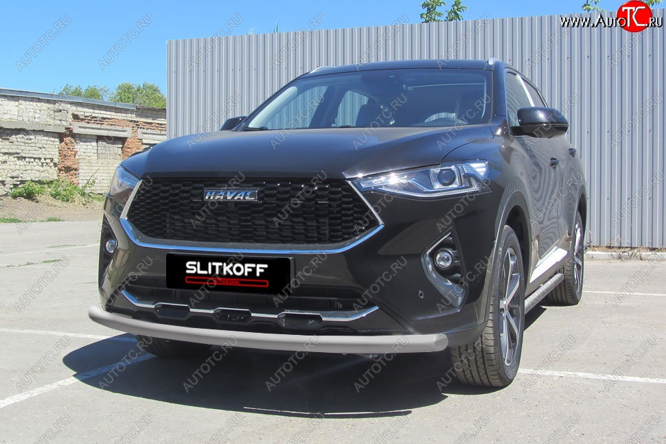 7 999 р. Защита переднего бампера (Ø57, с полимерным покрытием) Slitkoff Haval F7  дорестайлинг (2018-2022) (цвет: серебро)  с доставкой в г. Керчь