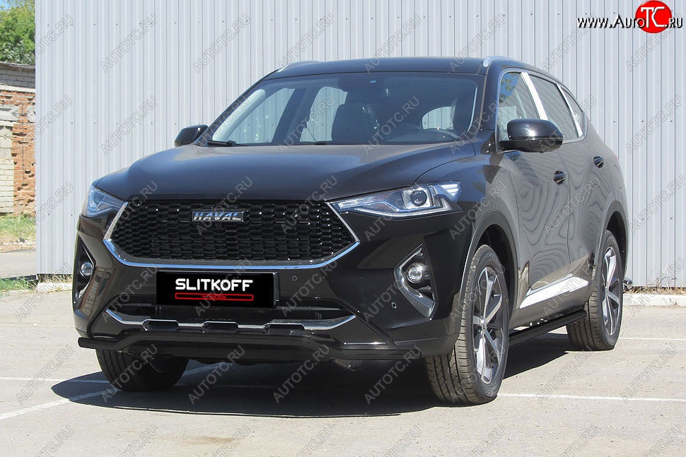 8 949 р. Защита переднего бампера (Ø42 волна, с полимерным покрытием) Slitkoff Haval F7  дорестайлинг (2018-2022) (цвет: черный)  с доставкой в г. Керчь