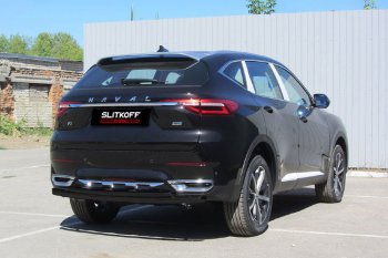 Защита заднего бампера (d57+d42) Slitkoff Haval F7x дорестайлинг (2019-2022) (Цвет: черный)