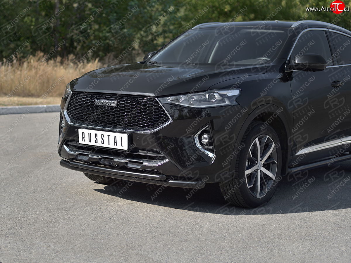 12 349 р. Защита переднего бампера SLITKOFF (Ø57 секции/Ø42 дуга) Haval F7x дорестайлинг (2019-2022) (нержавейка с полимерным покрытием, черный)  с доставкой в г. Керчь
