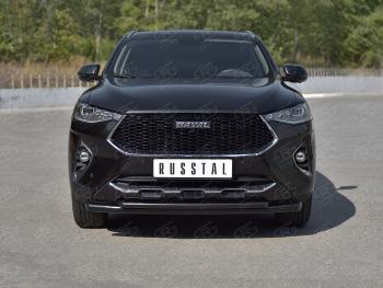 12 349 р. Защита переднего бампера SLITKOFF (Ø57 секции/Ø42 дуга) Haval F7x дорестайлинг (2019-2022) (нержавейка с полимерным покрытием, черный)  с доставкой в г. Керчь. Увеличить фотографию 2