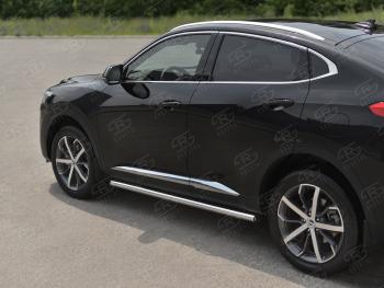 Защита порогов (Ø63 мм) SLITKOFF Haval F7x (2019-2022) дорестайлинг (полированная нержавейка, торцы круглые)