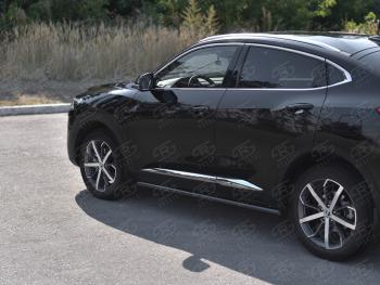 Защита порогов (труба d63 мм, с чёрным полимерным покрытием) SLITKOFF Haval F7x (2019-2022) дорестайлинг (С пластиковыми заглушками на торцах)