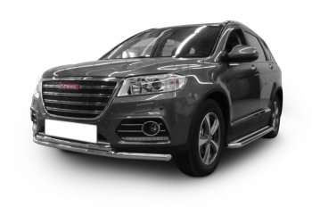 Защита переднего бампера Slitkoff (Ø 57+Ø 57). Haval H2 (2014-2021) (Цвет: серебристый)