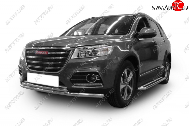 8 999 р. Защита переднего бампера Slitkoff (Ø 57+Ø 57). Haval H2 (2014-2021) (Цвет: серебристый)  с доставкой в г. Керчь