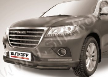 Защита переднего бампера Slitkoff (двойная трубы, d57/57) Haval H2 (2014-2021) (Сталь с полимерным покрытием. Цвет: чёрный)