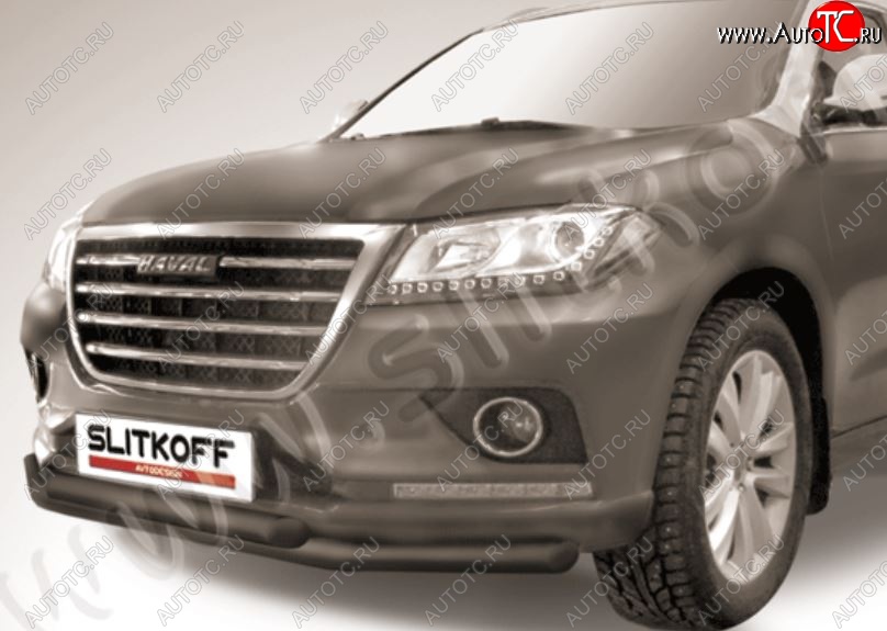 8 999 р. Защита переднего бампера Slitkoff (двойная трубы, d57/57)  Haval H2 (2014-2021) (Сталь с полимерным покрытием. Цвет: чёрный)  с доставкой в г. Керчь