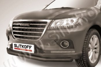 Защита переднего бампера Slitkoff (d57 мм) Haval H2 (2014-2021) (Сталь с полимерным покрытием. Цвет: чёрный)