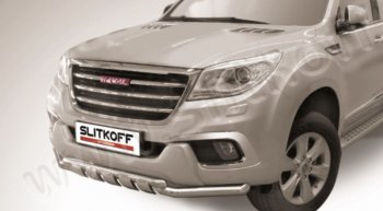 Защита переднего бампера Slitkoff (двойная с профильной защитой картера, d57/57 мм) Haval H9 (2017-2019) 1-ый рестайлинг (Нержавейка)