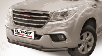 Защита переднего бампера Slitkoff (двойная с профильной защитой картера, d57/57 мм) Haval H9 (2017-2019) 1-ый рестайлинг (Сталь с полимерным покрытием. Цвет: чёрный )