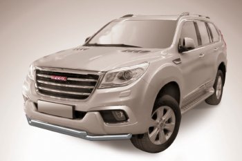 Защита переднего бампера Slitkoff (Ø 57+Ø 57, двойная). Haval H9 (2017-2019) 1-ый рестайлинг (Сталь с полимерным покрытием. Цвет: серебристый)