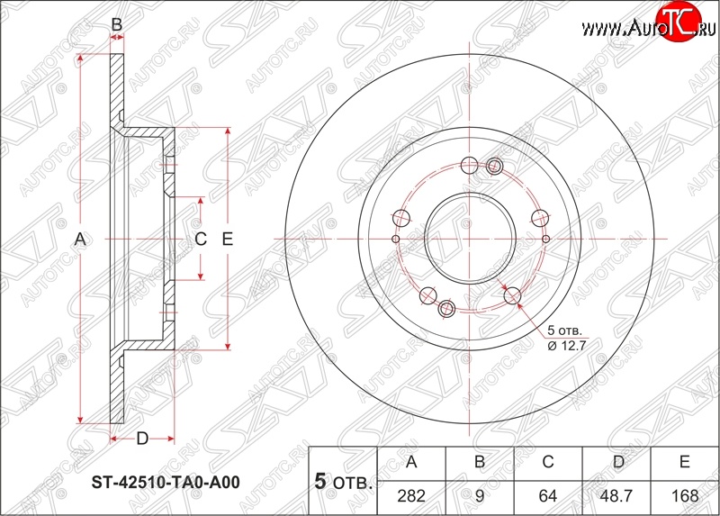 1 689 р. Диск тормозной SAT (не вентилируемый, Ø282)  Honda Accord ( 8 CU,  8 CW) (2008-2011) седан дорестайлинг, универсал дорестайлинг  с доставкой в г. Керчь