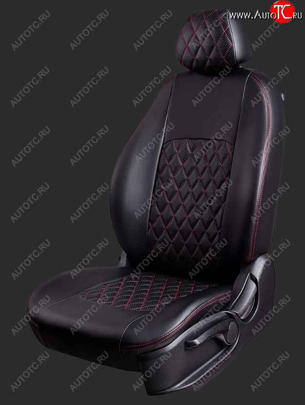 9 449 р. Чехлы для сидений Lord Autofashion Турин Ромб (экокожа, спинка и сиденье 60/40, 3 Г-образных подголовника) Honda CR-V RE1,RE2,RE3,RE4,RE5,RE7 рестайлинг (2009-2012) (Черный, вставка черная, строчка красная)  с доставкой в г. Керчь