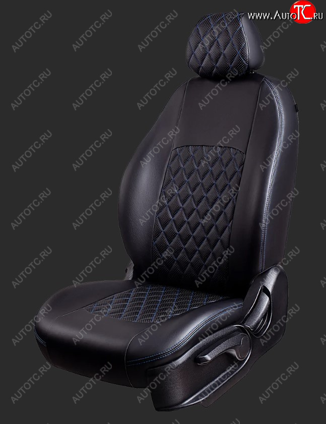 9 449 р. Чехлы для сидений Lord Autofashion Турин Ромб (экокожа, спинка и сиденье 60/40, 3 Г-образных подголовника) Honda CR-V RE1,RE2,RE3,RE4,RE5,RE7 рестайлинг (2009-2012) (Черный, вставка черная, строчка синяя)  с доставкой в г. Керчь