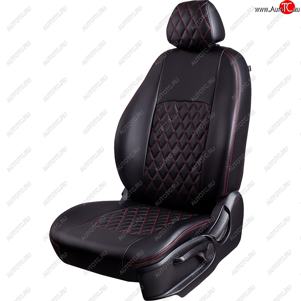 9 449 р. Чехлы для сидений Lord Autofashion Турин Ромб (экокожа, спинка и сиденье 60/40, 2 П- и 1 Г-образных подголовника) Honda CR-V RM1,RM3,RM4 рестайлинг (2014-2018) (Черный, вставка черная, строчка красная)  с доставкой в г. Керчь