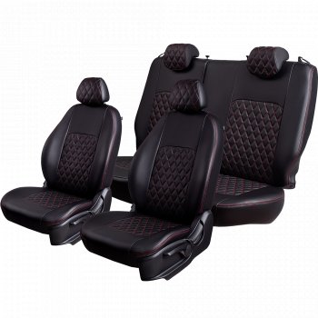 9 449 р. Чехлы для сидений Lord Autofashion Турин Ромб (экокожа, спинка и сиденье 60/40, 2 П- и 1 Г-образных подголовника) Honda CR-V RM1,RM3,RM4 рестайлинг (2014-2018) (Черный, вставка черная, строчка красная)  с доставкой в г. Керчь. Увеличить фотографию 2