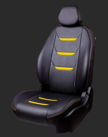 Чехлы для сидений Lord Autofashion Турин 2 (экокожа, спинка 40/60, 3 Г-образных подголовника) Hyundai Getz  TB (2005-2010) хэтчбэк 5 дв. рестайлинг (Черный, вставка черная/желтая, строчка желтая)