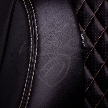 9 449 р. Чехлы для сидений Lord Autofashion Турин Ромб (экокожа) Hyundai Santa Fe DM дорестайлинг (2012-2016) (Черный, вставка черная, строчка бежевая)  с доставкой в г. Керчь. Увеличить фотографию 2