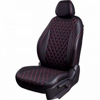 Чехлы для сидений Lord Autofashion Байрон (экокожа, сиденья и спинка 60/40, 3 Г-образных подголовника) Hyundai I30  2 GD (2011-2017) дорестайлинг универсал, дорестайлинг, хэтчбэк 5 дв., рестайлинг универсал, рестайлинг, хэтчбэк 5 дв. (Черный, вставка черная, строчка красная)