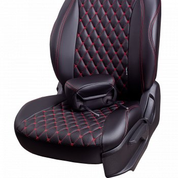 10 899 р. Чехлы для сидений Lord Autofashion Байрон (экокожа, сиденья и спинка 60/40, 3 Г-образных подголовника)  Hyundai I30  2 GD (2011-2017) дорестайлинг универсал, дорестайлинг, хэтчбэк 5 дв., рестайлинг универсал, рестайлинг, хэтчбэк 5 дв. (Черный, вставка черная, строчка красная)  с доставкой в г. Керчь. Увеличить фотографию 4