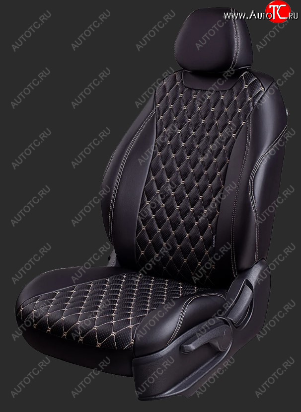12 399 р. Чехлы для сидений Lord Autofashion Байрон (экокожа, спинка 40/60+подлокотник+ отдел. бок, 3 Г-образных подголовника) Hyundai I40 1 VF дорестайлинг седан (2011-2015) (Черный, вставка черная, строчка бежевая)  с доставкой в г. Керчь