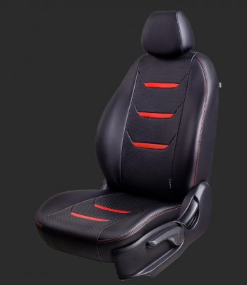 Чехлы для сидений Lord Autofashion Турин 2 (экокожа, спинка 40/60+подлокотник+отдел. бок, 3 Г-образных подголовника) Hyundai I40  1 VF (2011-2019) дорестайлинг седан, дорестайлинг универсал, рестайлинг седан, рестайлинг универсал (Черный, вставка черная/красная, строчка красная)
