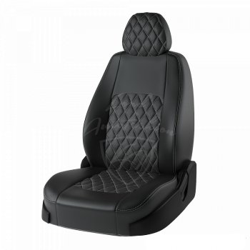 Чехлы для сидений Lord Autofashion Турин Ромб (экокожа) Hyundai I40  1 VF (2011-2019) дорестайлинг седан, дорестайлинг универсал, рестайлинг седан, рестайлинг универсал (Черный, вставка черная, строчка серая)